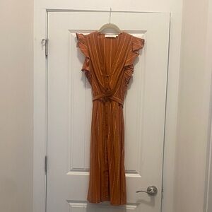 ASTR Rust Orange Button-Front Ruffle Sleeve Midi Dress XS